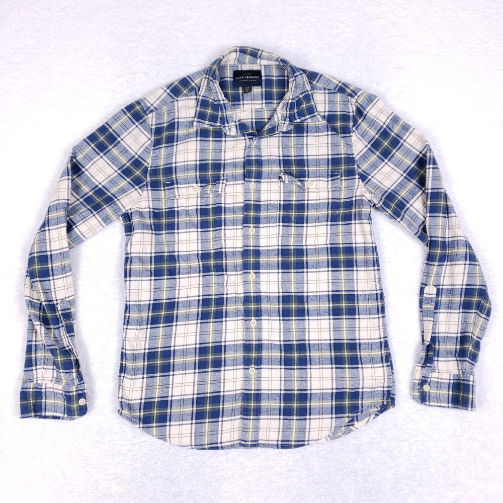 Lucky Brand Men's Small Blue White Plaid Button-Up Shirt Stretch Cotton